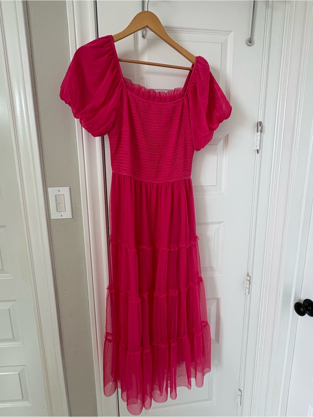 Pretty Garden Hot Pink Puff-Sleeve Tiered Midi Dress
